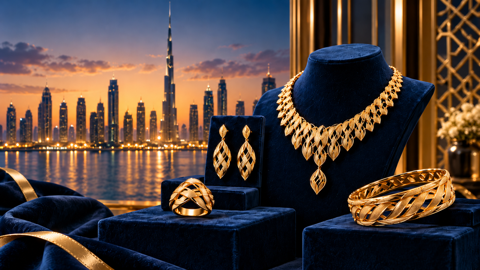 Grand royal gold necklace displayed on navy velvet by DJ GOLD LLC Dubai